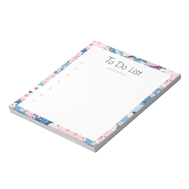 Sakura Floral Navy Waves To-Do List  Notepad (Rotated)