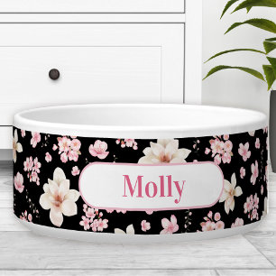 Sakura Floral Pattern Black Pink Name Pet Dog Bowl
