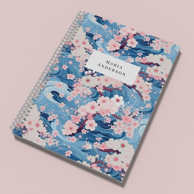 Sakura Floral Wavy Lines Monogram Notebook (Creator Uploaded)