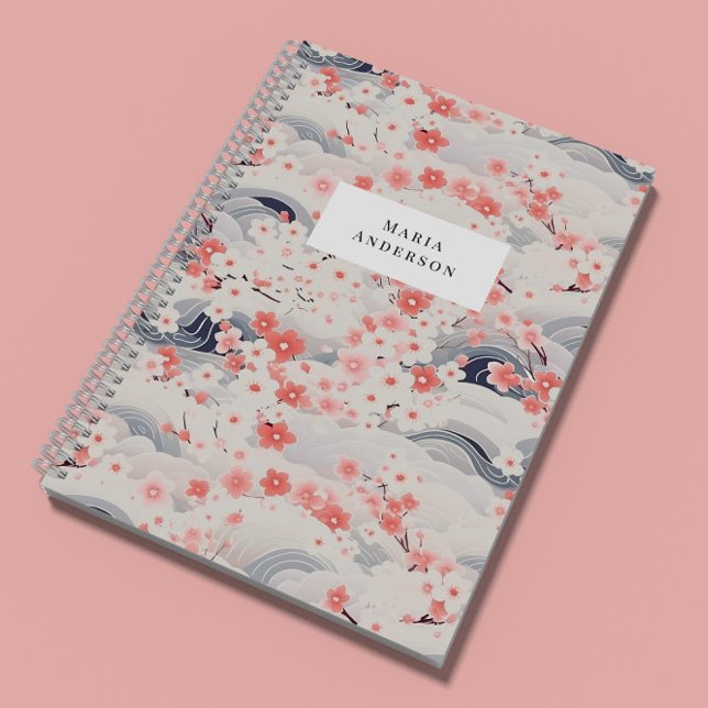 Sakura Floral Wavy Lines Monogram Notebook (Creator Uploaded)