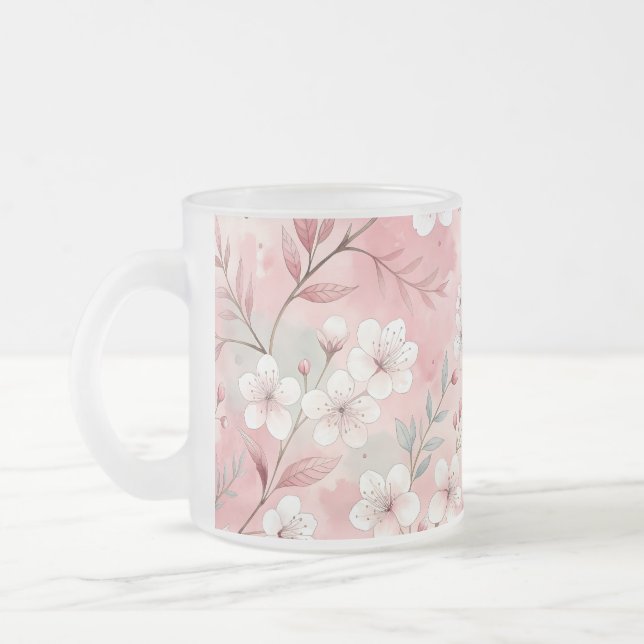 Sakura Flower Pattern Pink  Frosted Glass Coffee Mug (Left)