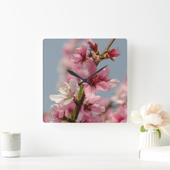 Sakura Flower, Pink Japanese Flower Square Wall Clock (Home)