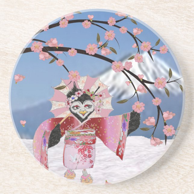 Sakura Geisha Bird in the Snow Cherry Blossoms Coaster (Front)