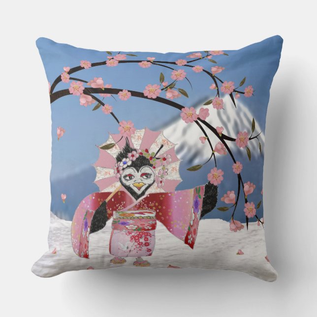 Sakura Geisha Bird in the Snow Cherry Blossoms Cushion (Front)