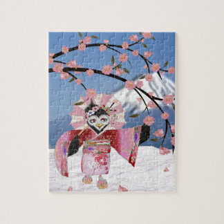 Sakura Geisha Bird in the Snow Cherry Blossoms Jigsaw Puzzle
