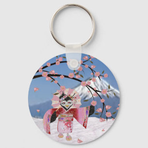 Sakura Geisha Bird in the Snow Cherry Blossoms Key Ring