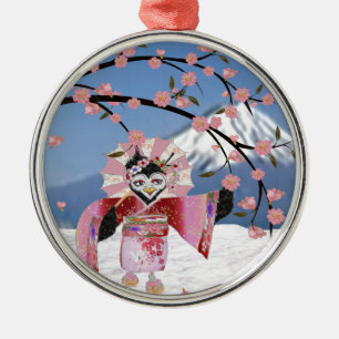 Sakura Geisha Bird in the Snow Cherry Blossoms Metal Tree Decoration