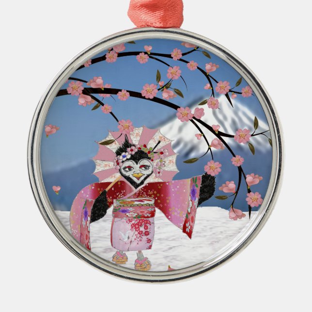 Sakura Geisha Bird in the Snow Cherry Blossoms Metal Tree Decoration (Front)