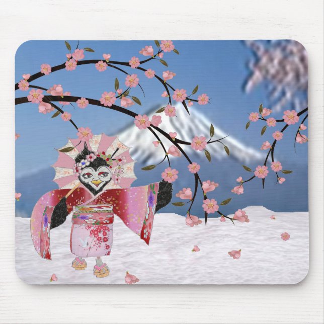 Sakura Geisha Bird in the Snow Cherry Blossoms Mouse Mat (Front)