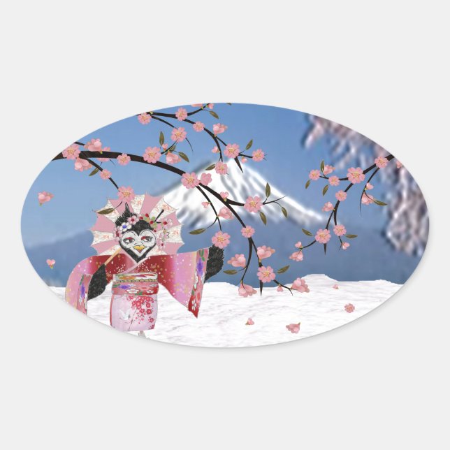 Sakura Geisha Bird in the Snow Cherry Blossoms Oval Sticker (Front)