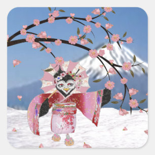 Sakura Geisha Bird in the Snow Cherry Blossoms Square Sticker