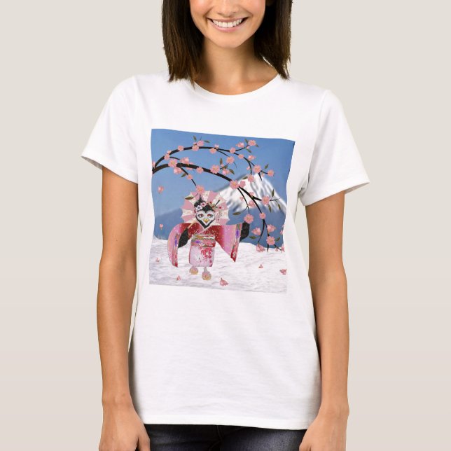 Sakura Geisha Bird in the Snow Cherry Blossoms T-Shirt (Front)