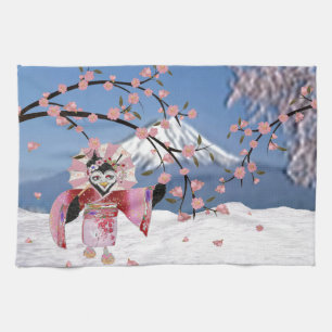 Sakura Geisha Bird in the Snow Cherry Blossoms Tea Towel