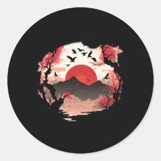 Sakura-Inspired Japanese With Mountain Sun Work Classic Round Sticker