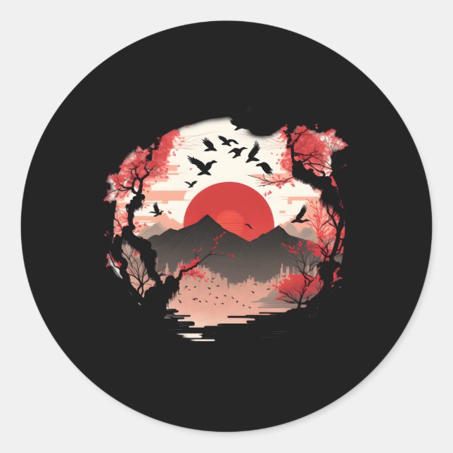 Sakura-Inspired Japanese With Mountain Sun Work Classic Round Sticker (Front)
