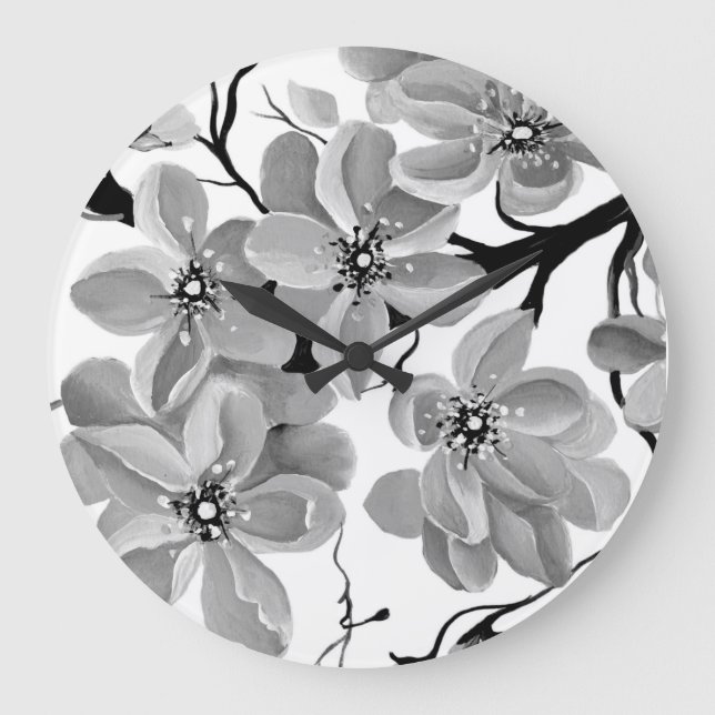 Sakura Japanese Cherry Tree Black and White  Large Clock (Front)