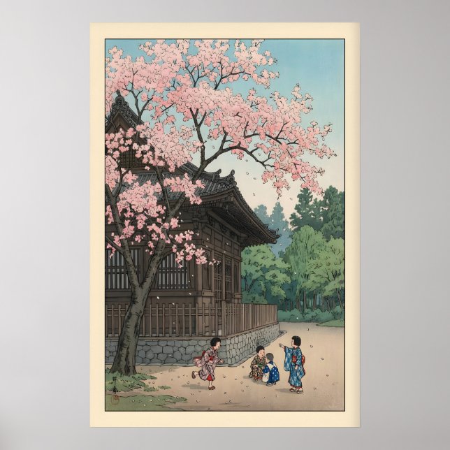 Sakura Jiin Print Spring Temple Scene with Kids (Front)