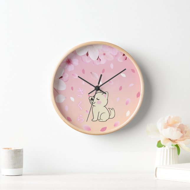 Sakura & Kawaii Dog with Japanese Hiragana. Clock (Home)