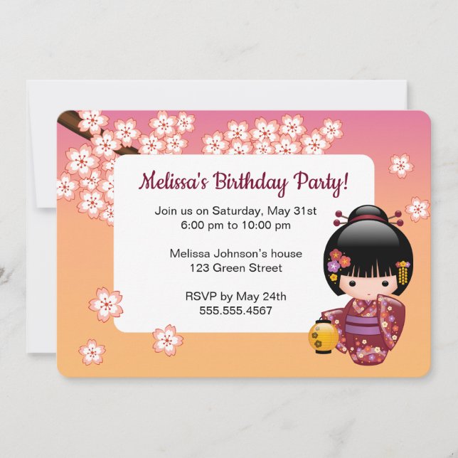 Sakura Kokeshi Doll Cute Geisha Birthday Party Invitation (Front)
