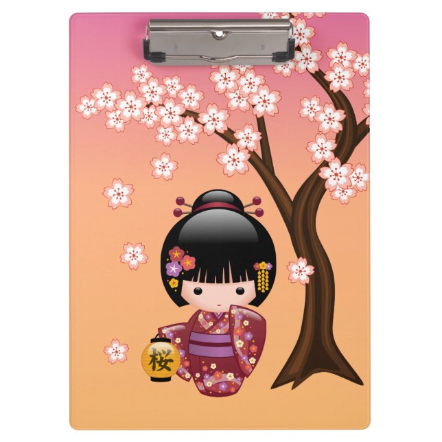 Sakura Kokeshi Doll - Cute Geisha Girl on Peach Clipboard (Front)