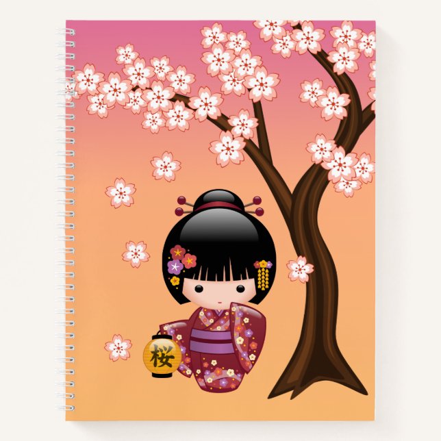 Sakura Kokeshi Doll - Cute Geisha Girl on Peach Notebook (Front)