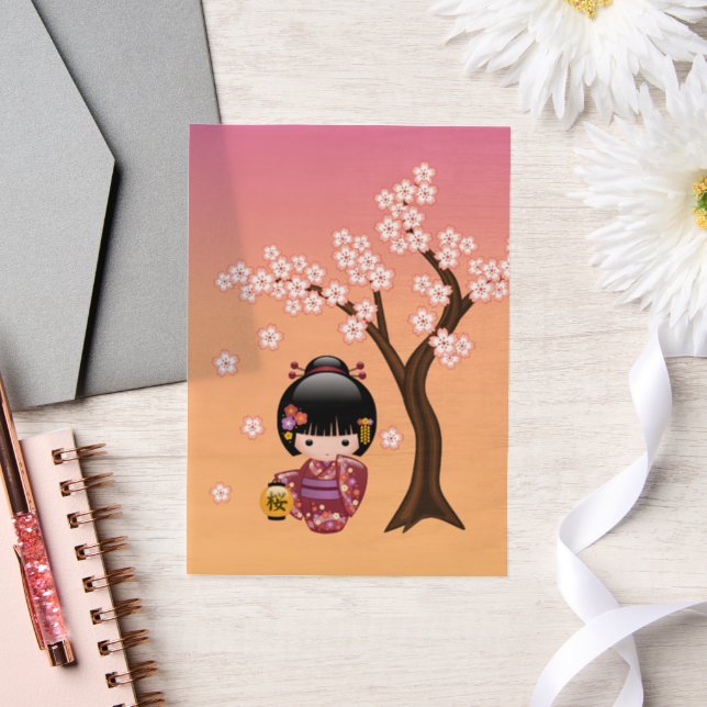 Sakura Kokeshi Doll Cute Geisha Girl Orange Insert Vellum Invitations (Wedding)