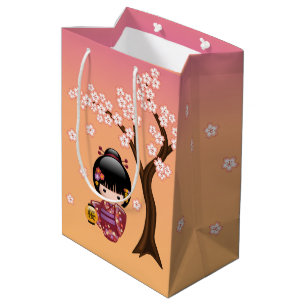 Sakura Kokeshi Doll Cute Geisha Girl Orange Medium Gift Bag