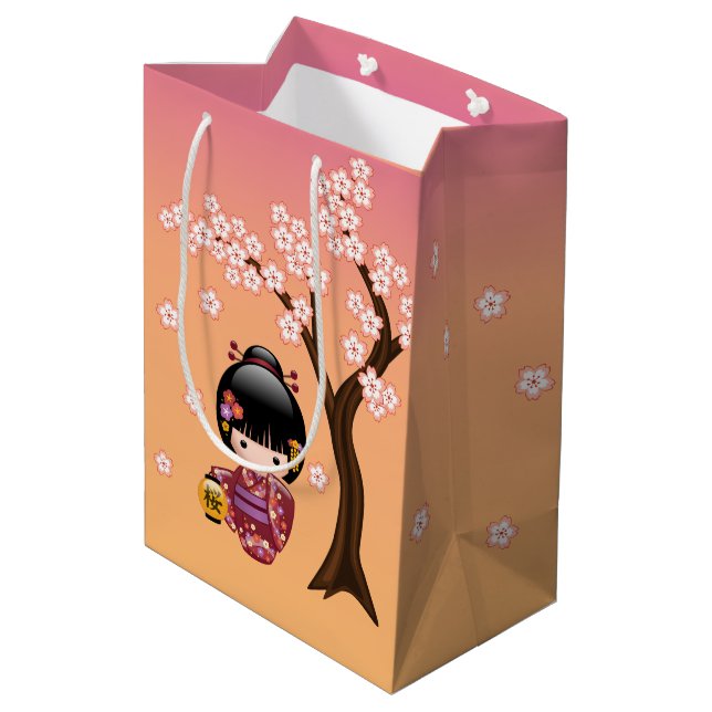 Sakura Kokeshi Doll Cute Geisha Girl Orange Medium Gift Bag (Back Angled)