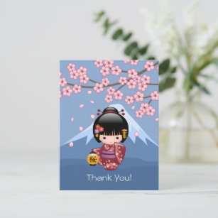 Sakura Kokeshi Doll - Cute Geisha Thank You Postcard