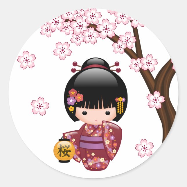 Sakura Kokeshi Doll - Cute Japanese Geisha Girl Classic Round Sticker (Front)