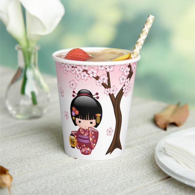 Sakura Kokeshi Doll - Cute Japanese Geisha Girl Paper Cups (Insitu)