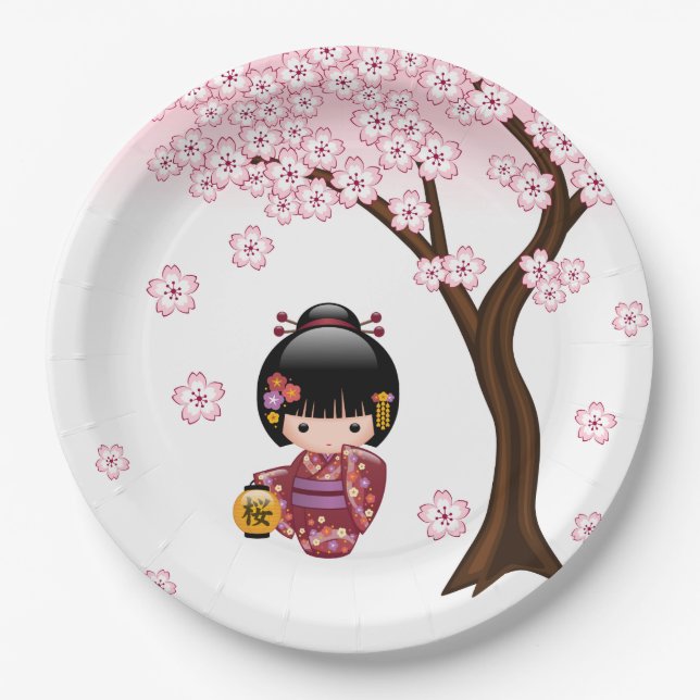 Sakura Kokeshi Doll - Cute Japanese Geisha Girl Paper Plate (Front)
