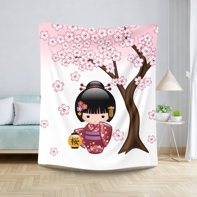 Sakura Kokeshi Doll - Cute Japanese Geisha Girl Sherpa Blanket (Creator Uploaded)