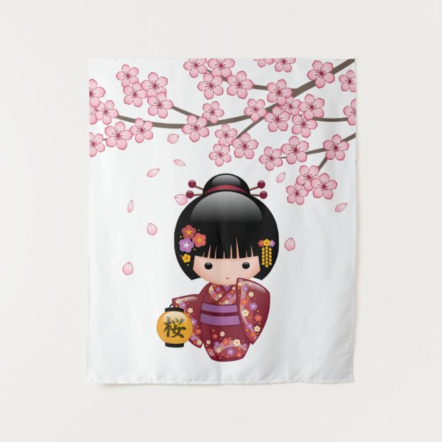 Sakura Kokeshi Doll - Cute Japanese Geisha Girl Tapestry (Front)