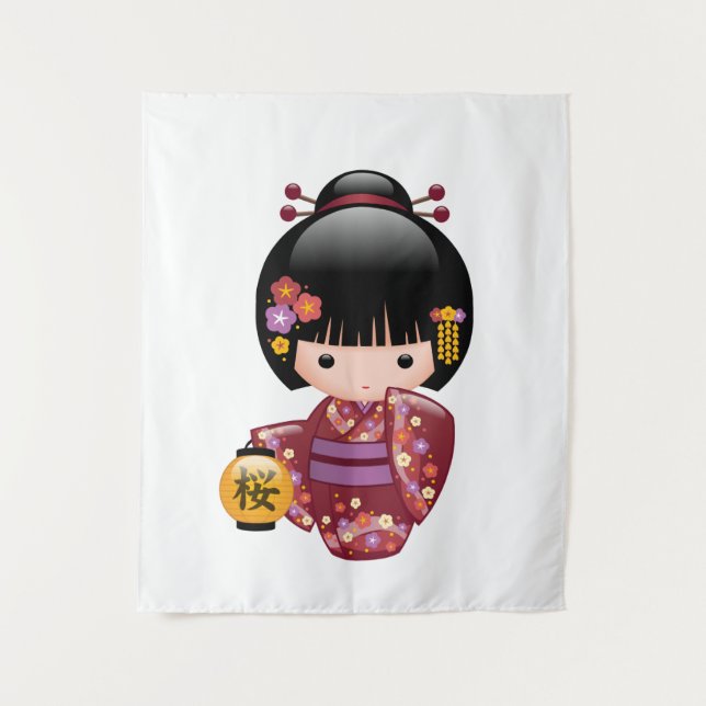 Sakura Kokeshi Doll - Cute Japanese Geisha Girl Tapestry (Front)