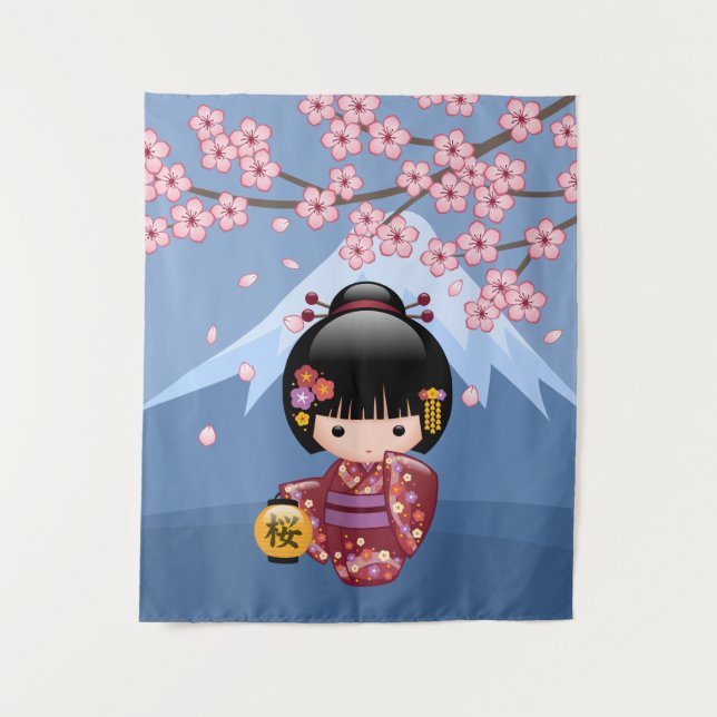 Sakura Kokeshi Doll - Cute Japanese Geisha Girl Tapestry (Front)