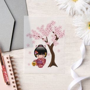 Sakura Kokeshi Doll Cute Japanese Geisha Insert Vellum Invitations