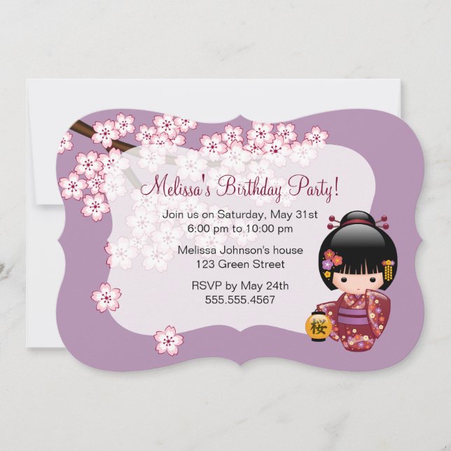 Sakura Kokeshi Doll Geisha Birthday Party Photo Invitation (Front)