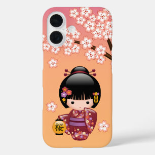 Sakura Kokeshi Doll Geisha Girl on Orange iPhone 16 Case
