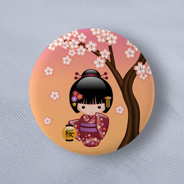 Sakura Kokeshi Doll - Geisha Girl on Peach 6 Cm Round Badge (Creator Uploaded)