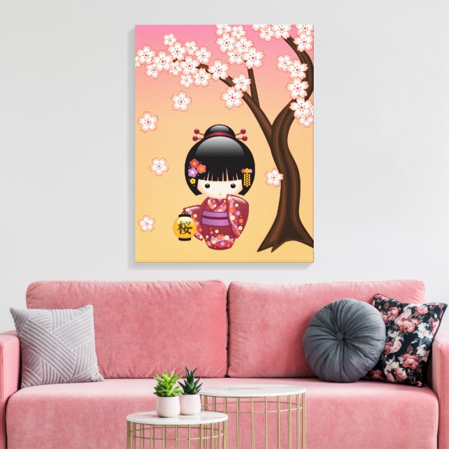 Sakura Kokeshi Doll - Geisha Girl on Peach Canvas Print (Insitu(LivingRoom))