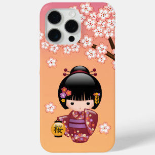 Sakura Kokeshi Doll - Geisha Girl on Peach iPhone 15 Pro Max Case