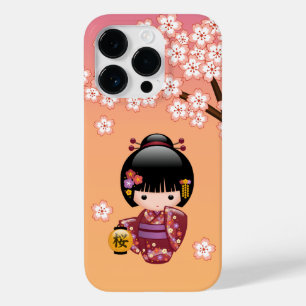 Sakura Kokeshi Doll - Geisha Girl on Peach Case-Mate iPhone 14 Pro Case