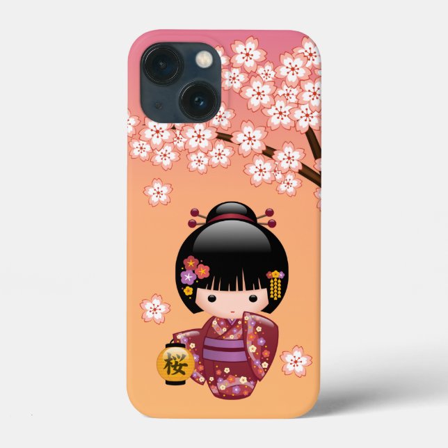 Sakura Kokeshi Doll - Geisha Girl on Peach Case-Mate iPhone Case (Back)