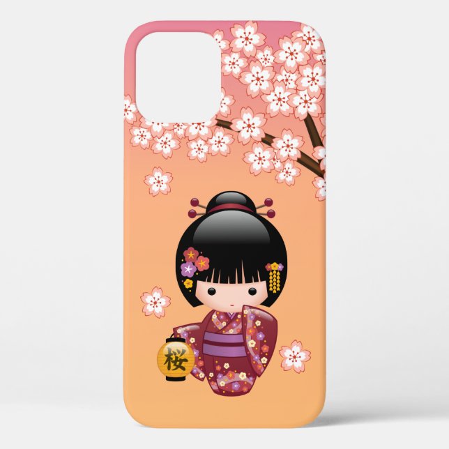 Sakura Kokeshi Doll - Geisha Girl on Peach Case-Mate iPhone Case (Back)