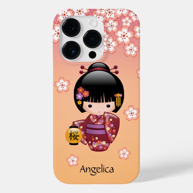 Sakura Kokeshi Doll - Geisha Girl on Peach Case-Mate iPhone Case (Back)