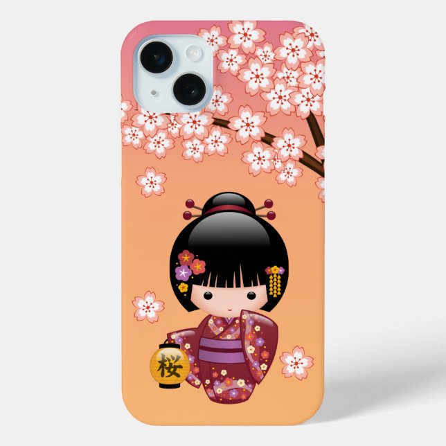 Sakura Kokeshi Doll - Geisha Girl on Peach Case-Mate iPhone Case (Back)