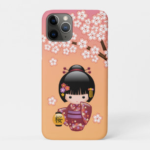 Sakura Kokeshi Doll - Geisha Girl on Peach iPhone 11 Pro Case