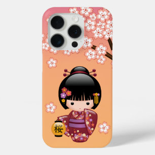 Sakura Kokeshi Doll - Geisha Girl on Peach iPhone 15 Pro Case
