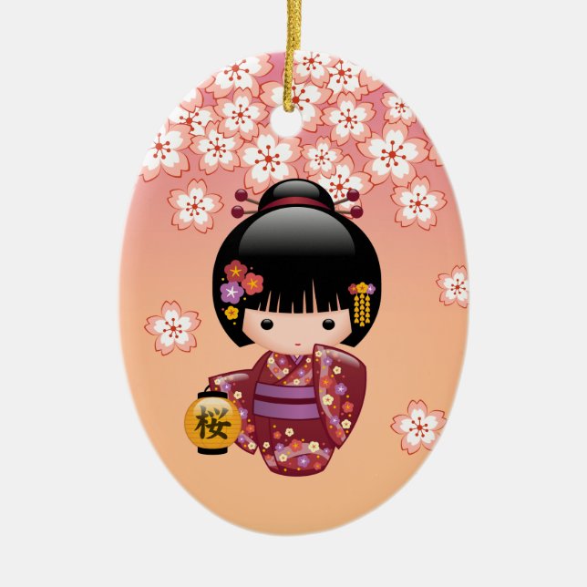 Sakura Kokeshi Doll - Geisha Girl on Peach Ceramic Tree Decoration (Front)